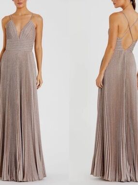 Mac Duggal Shimmer pleated v neck Maxi Gown in rose gold